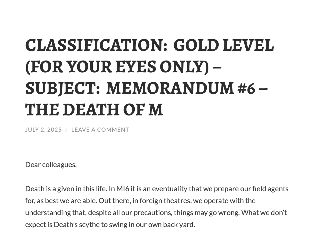 VaseemKhanUK's tweet image. Q memo #6- THE DEATH OF M - with puzzle & prize to be won. The latest in a series of memos from the desk of Q, head of Q Branch, from Bond franchise. (Memos written by yours truly). QUANTUM OF MENACE out 23rd Oct - 1 day left to enter Q's brain teaser: tinyurl.com/2yumc55n