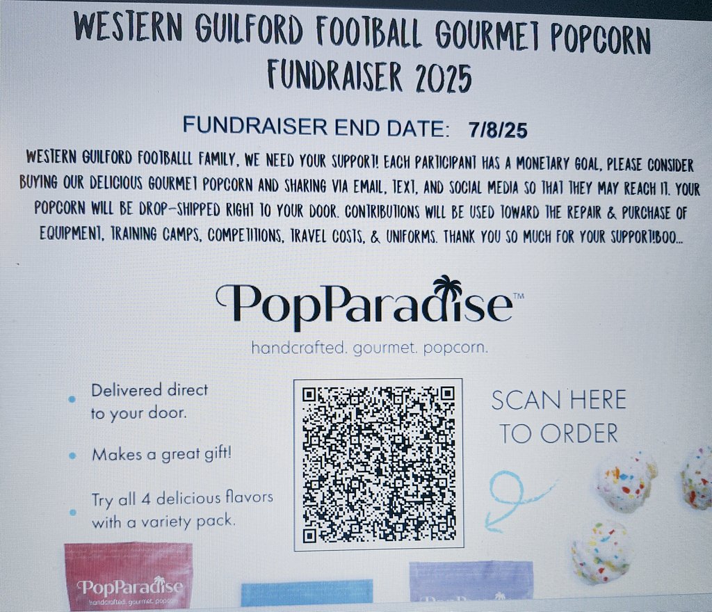 Our popcorn fundraiser sale ends next Tuesday, July 8th. Please scan the QR code to support our efforts. The popcorn will be shipped directly to you.

LET'S GO BE GREAT AS "1."