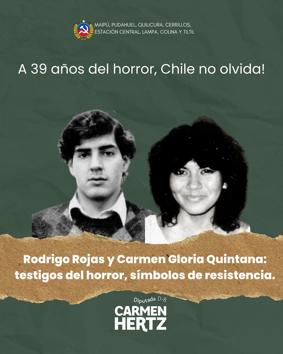 2 de julio de 1986. Rodrigo Rojas y Carmen Gloria Quintana fueron quemados vivos por una patrulla militar durante una protesta contra la dictadura de Pinochet. 

El caso fue encubierto durante décadas. Recién en 2023, algunos de los responsables fueron condenados.

A 39 años del