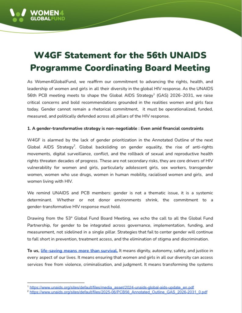 w4_gf's tweet image. 🌍 Women &amp;amp; girls must be at the centre of the Global AIDS Strategy!

W4GF’s statement to the 56th UNAIDS PCB outlines 6 feminist demands for a gender-transformative HIV response—because survival is not enough.

📄 Read + share our full statement 
👉 women4gf.org/2025/07/01/at-……