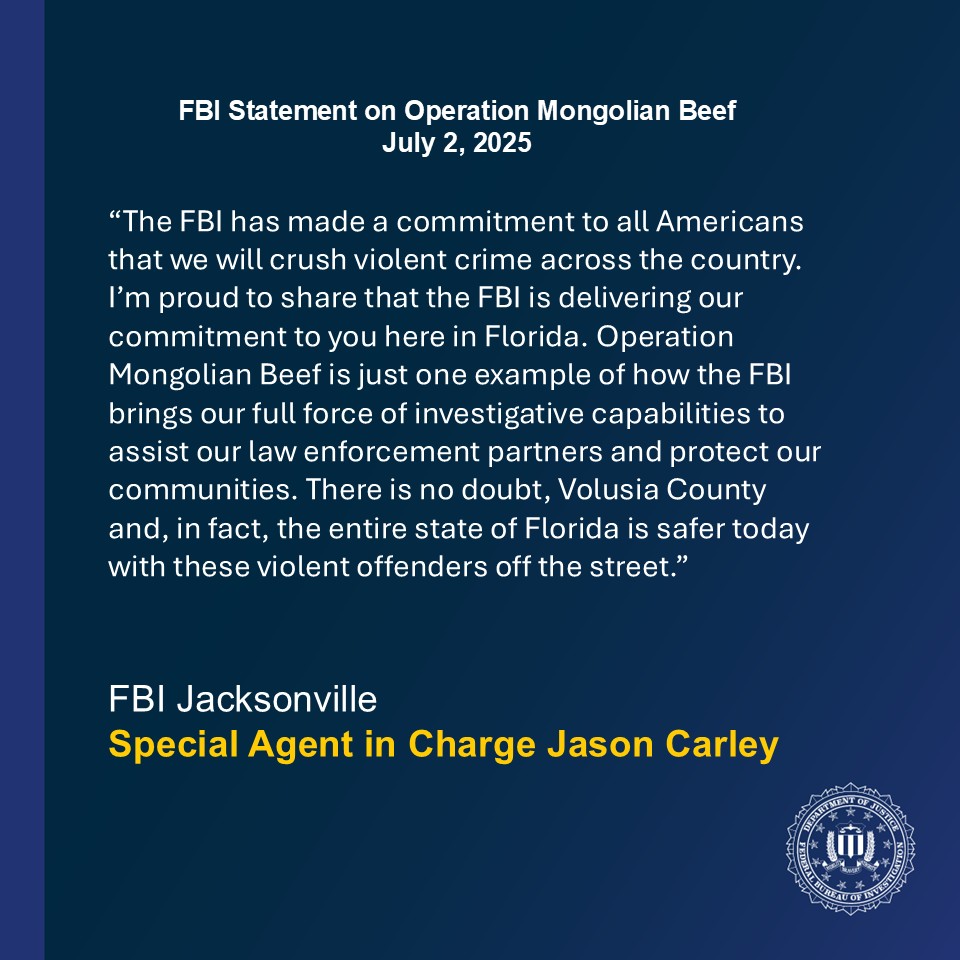 FBIJacksonville's tweet image. BREAKING: FBI Jacksonville and local and state partners announce the arrest of 28 Mongols motorcycle gang members as part of Operation Mongolian Beef, stemming from a New Smyrna Beach gas station shooting during Bike Week on March 8, 2025. fbi.gov/contact-us/fie…
