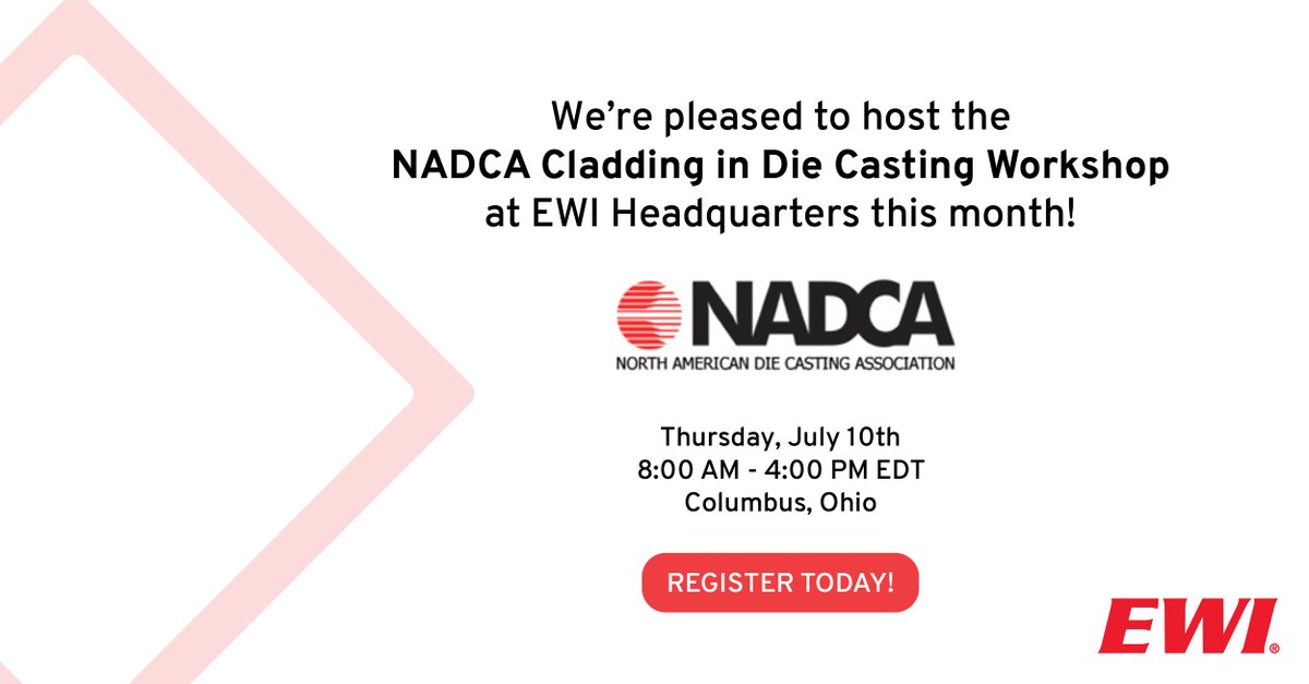 EWI (@ewi_innovation) on Twitter photo Join the NADCA Cladding in Die Casting Workshop at EWI HQ, Columbus! Experience expert talks, tech tours, hands-on demos, and a rooftop social. Space is limited—register now! 
ow.ly/e21H50WjYw1 Join the NADCA Cladding in Die Casting Workshop at EWI HQ, Columbus! Experience expert talks, tech tours, hands-on demos, and a rooftop social. Space is limited—register now! 
ow.ly/e21H50WjYw1