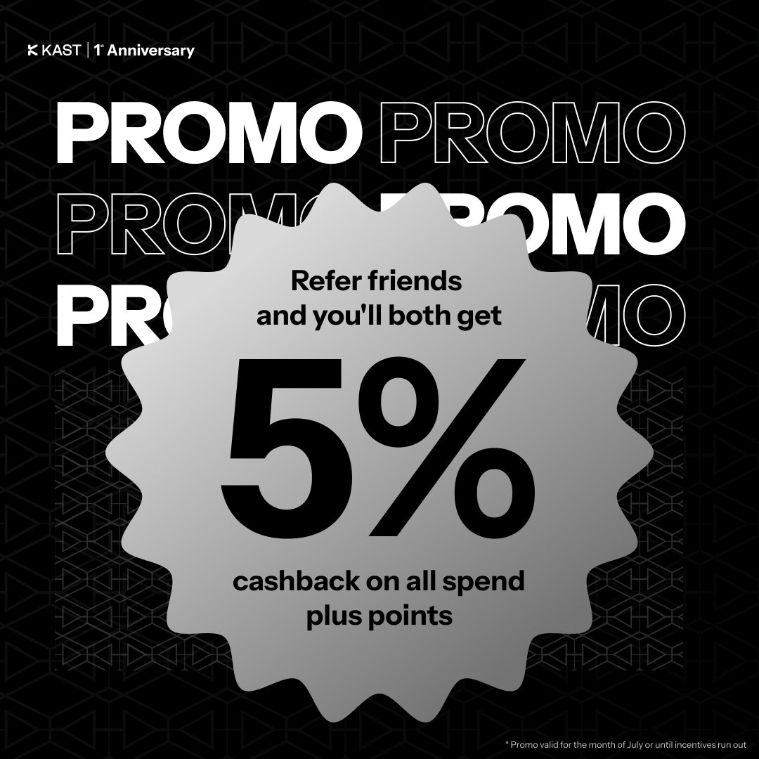 KASTxyz's tweet image. We have a gift for you 🎁

In honor of our first anniversary, when you refer friends to KAST, you&apos;ll both get 5% cashback on all spend plus points 🤑

Refer your friends now $$$