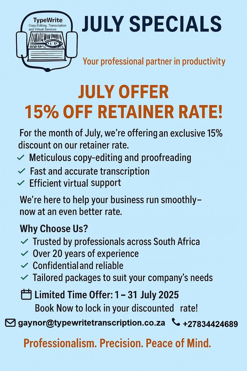 #JulySpecials!
Get 15% off our curated retainer options!
#copyediting
#transcription
#virtualservices
In business since 2005, trusted in South Africa and internationally
typewritetranscription.co.za/retainer-optio…