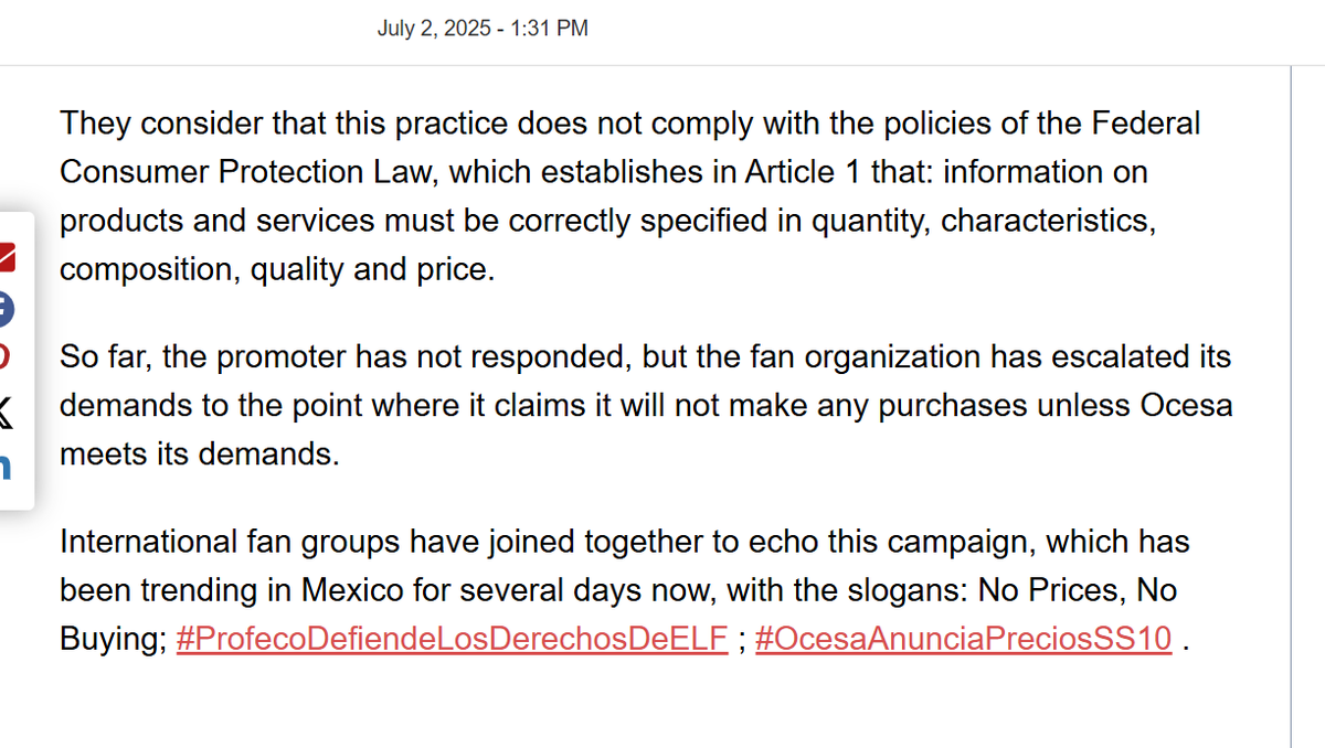 sujusapphire59's tweet photo. CRONICA  |  'Ocesa accused of violating the Federal Consumer Protection Law'  |  By Diana Chávez Zea    June 30, 2025

'Super Junior fans are demanding safe conditions, fair prices, and advance announcement of ticket prices from the promoter ahead of Super Show 10 scheduled for October.'
https://t.co/aL9wBueHFy 

No Prices, No Buying
#ProfecoDefiendeLosDerechosDeELF #OcesaAnunciaPreciosSS10