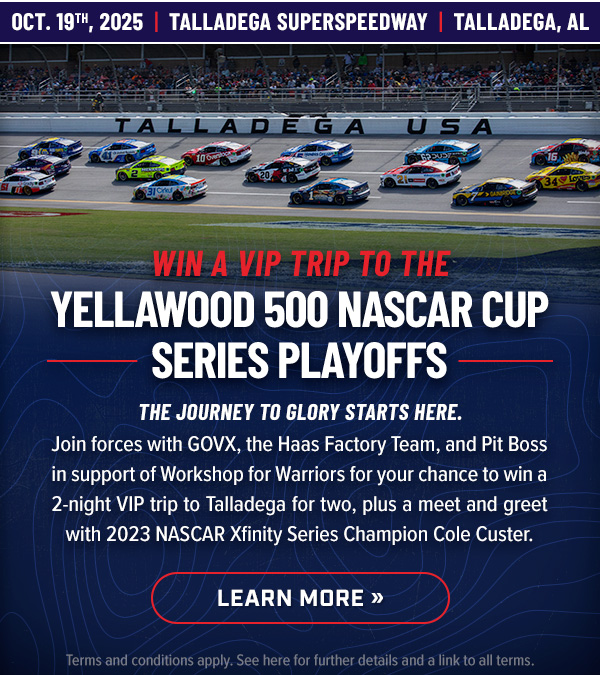 Workshops for Warriors (@workforwarriors) on Twitter photo Want a VIP pass to the NASCAR Cup Series Playoffs at Talladega?
<a href="/ShopGOVX/">GOVX.com</a>, <a href="/HaasFactoryTeam/">Haas Factory Team</a>, and <a href="/PitBossGrills/">Pit Boss Grills</a> are giving you the chance to win an unforgettable race weekend.
🎯 Enter now before July 14. blog.govx.com/wfw-talladega-…
#NASCAR Want a VIP pass to the NASCAR Cup Series Playoffs at Talladega?
<a href="/ShopGOVX/">GOVX.com</a>, <a href="/HaasFactoryTeam/">Haas Factory Team</a>, and <a href="/PitBossGrills/">Pit Boss Grills</a> are giving you the chance to win an unforgettable race weekend.
🎯 Enter now before July 14. blog.govx.com/wfw-talladega-…
#NASCAR