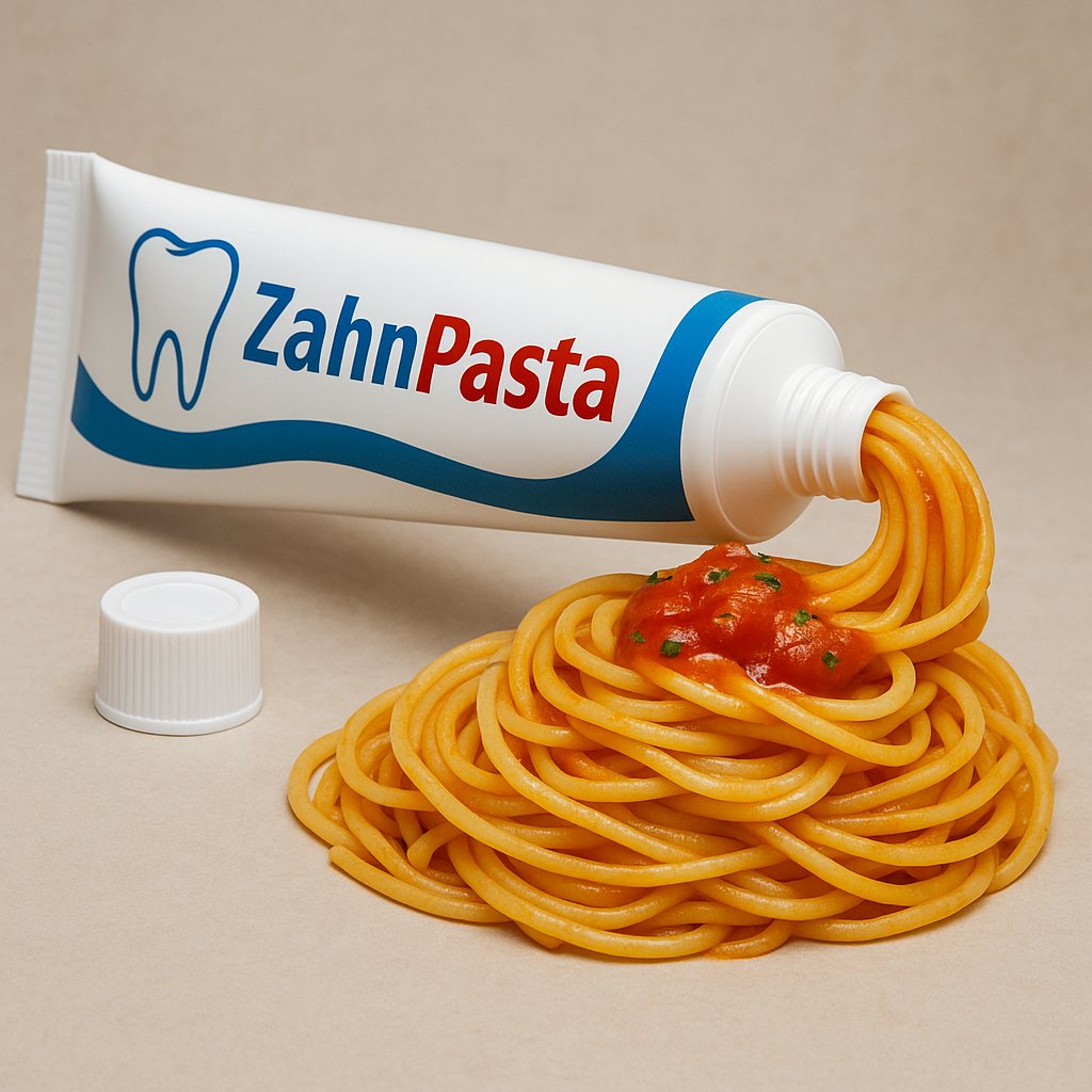 Mir kam gerade folgende Idee: Es gibt Zahnpasta. Eigentlich müsste es ja Zahnpaste heißen. Heißt aber Pasta. Pasta ist ein Nudelgericht. Ich habe das Onlein mal gebeten, das darzustellen.