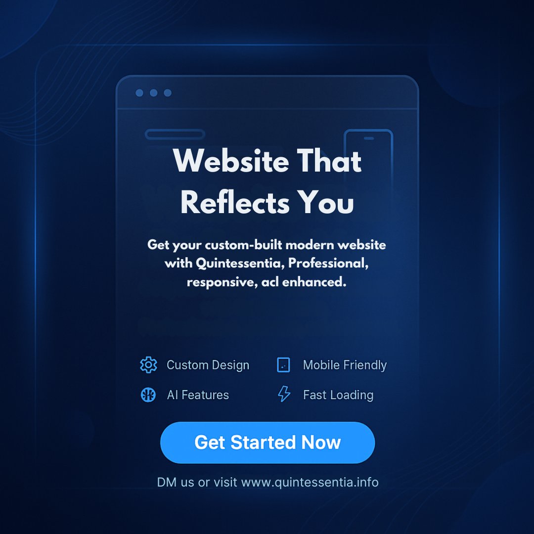 quintessentiaX's tweet image. Your brand deserves a digital home that stands out. Get your custom-built website with Quintessentia โ modern, fast, and made just for you.
#WebDesign #Quintessentia #AIWebSolutions #CustomWebsite #TechThatMatters #DigitalPakistan #ModernBranding