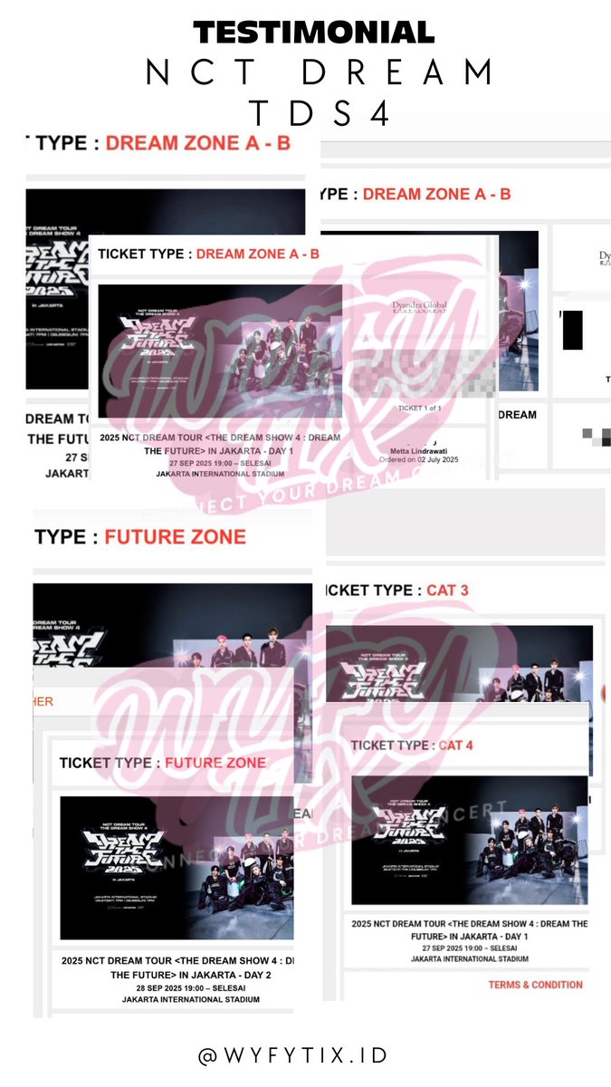 wyfytix's tweet photo. PROOF SECURED NCT DREAM TDSR
5 TIX DREAM A-B
2 TIX FUTURE ZONE
1 TIX CAT 3
1 TIX CAT 4 https://t.co/Ik1qS35NZQ