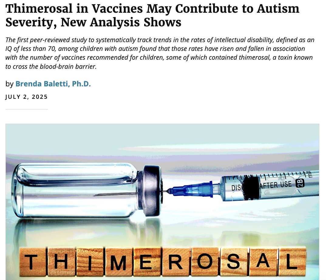 🚨 HUGE: Thimerosal in Vaccines May Contribute to Autism Severity, New Analysis Shows

A new peer-reviewed investigation into the rates of children with autism who have an intellectual disability found that those rates have risen and fallen for children born between 1992 and