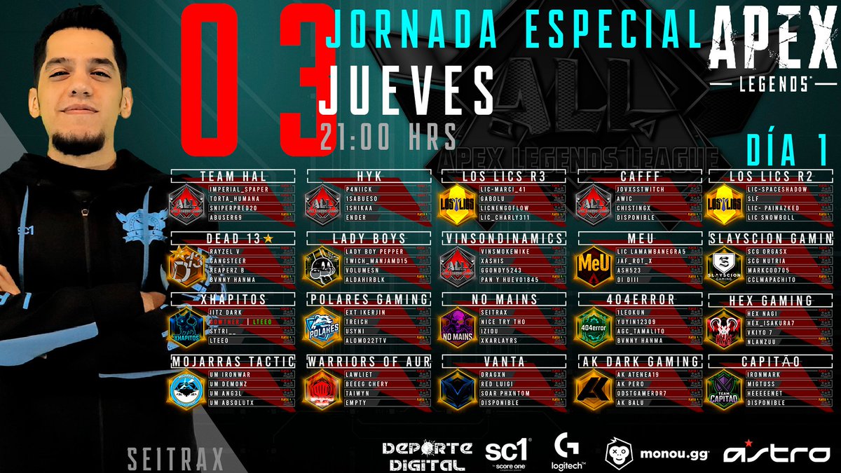 APEX LEGENDS LEAGUE

✅JORNADA ESPECIAL DÍA 1

🟢JUEVES 03 21:00 HRS
🟢6 MAPAS A DISPUTAR
🟢BATTLE ROYALE

<a href="/PlayApex/">Apex Legends</a>
<a href="/PlayApexEsports/">Apex Legends Esports</a>
<a href="/Monougg/">Monou</a>
<a href="/ASTROGaming/">ASTRO Gaming</a>
<a href="/LogitechG/">Logitech G</a>
<a href="/sc1mx/">score one 🎮 sc1</a> 
<a href="/EAlatam/">EA Latinoamérica</a> 
<a href="/EA/">Electronic Arts</a> 
<a href="/SeitraxMLG/">Seitrax 🇨🇷</a>