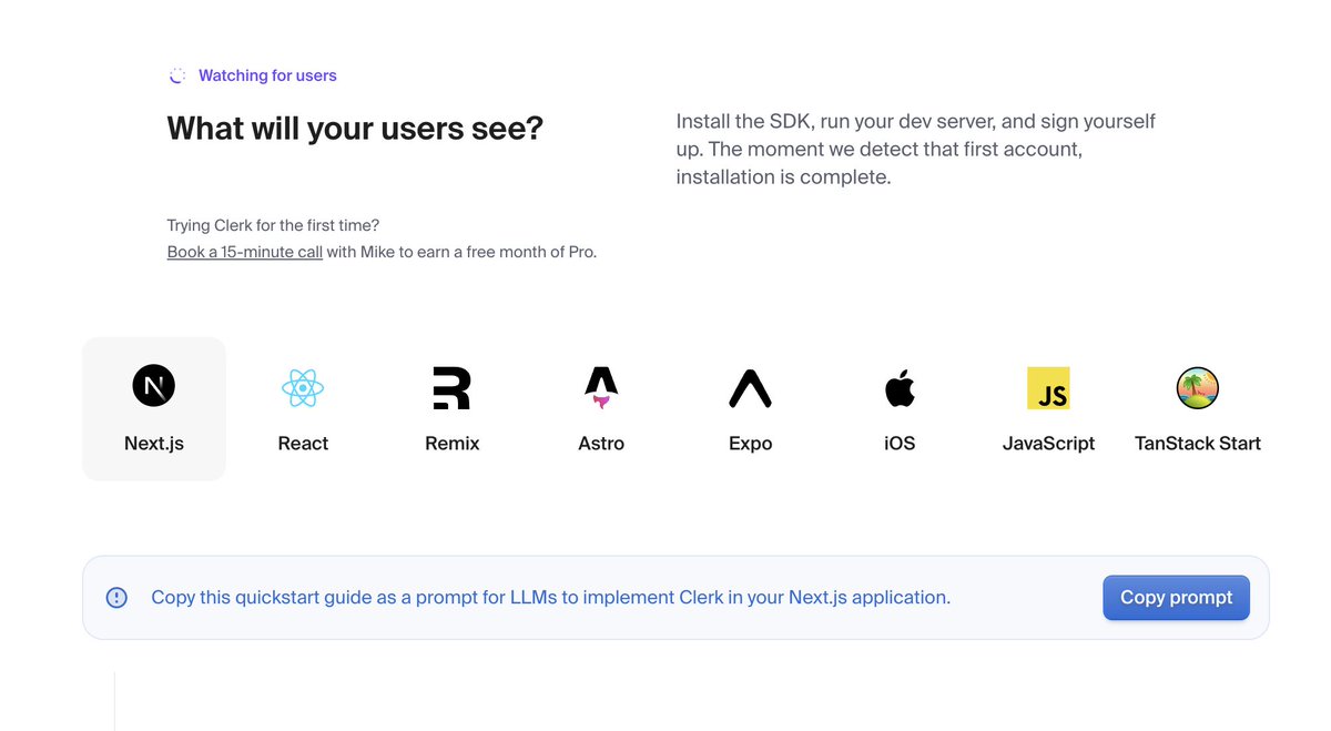 Very smart from <a href="/ClerkDev/">Clerk</a> . "copy prompt". This is definitely going to be a design pattern, as everyone uses their own LLM, but an integration can just specify it's prompt for any usage