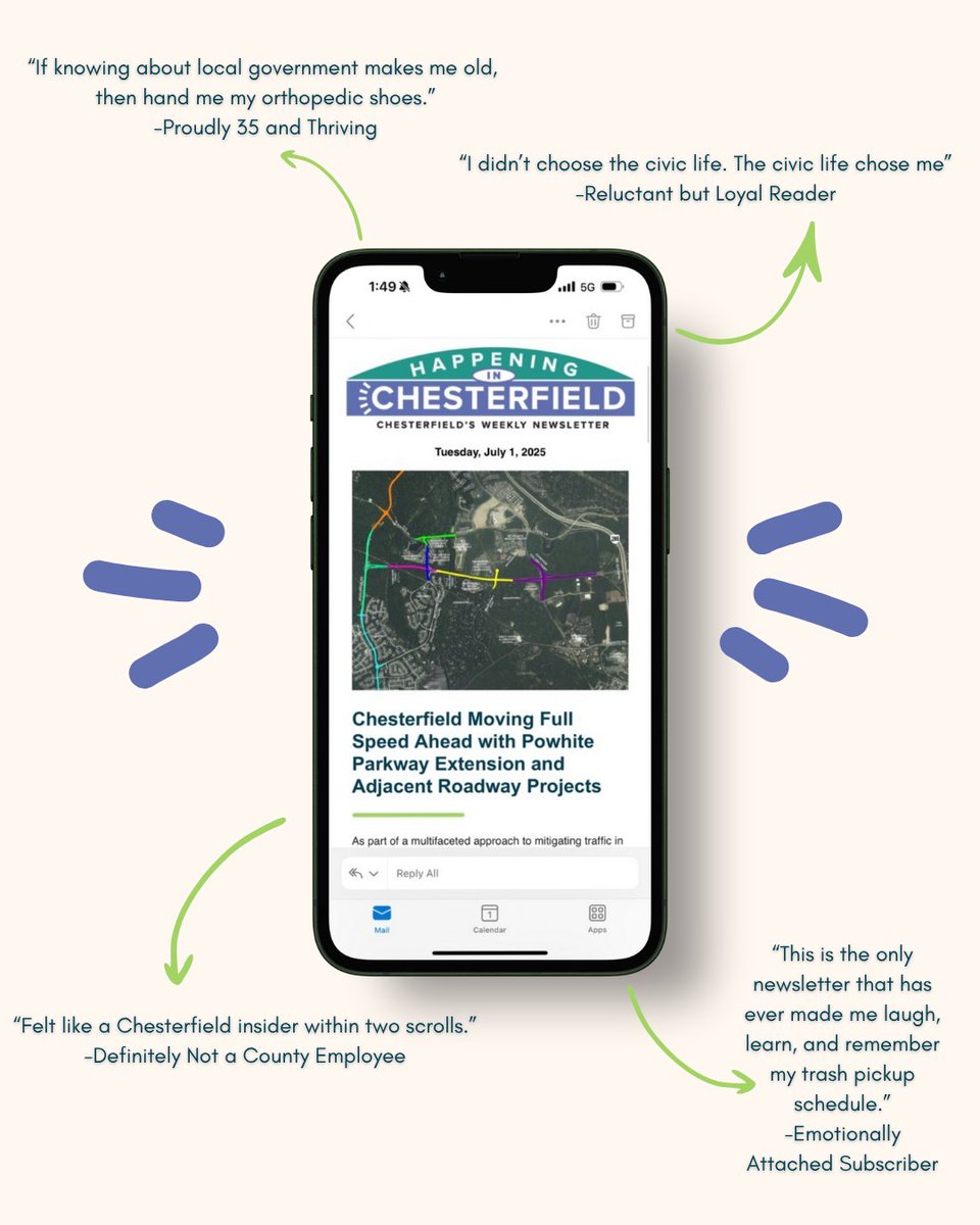 The reviews are in...🤩 

Want to know what's really happening in Chesterfield? From events and updates to random gems you didn't know you needed, our newsletter delivers. 

Subscribe today using the link below and see what the hype is all about! 👇 
chesterfield.gov/1653/Happening…