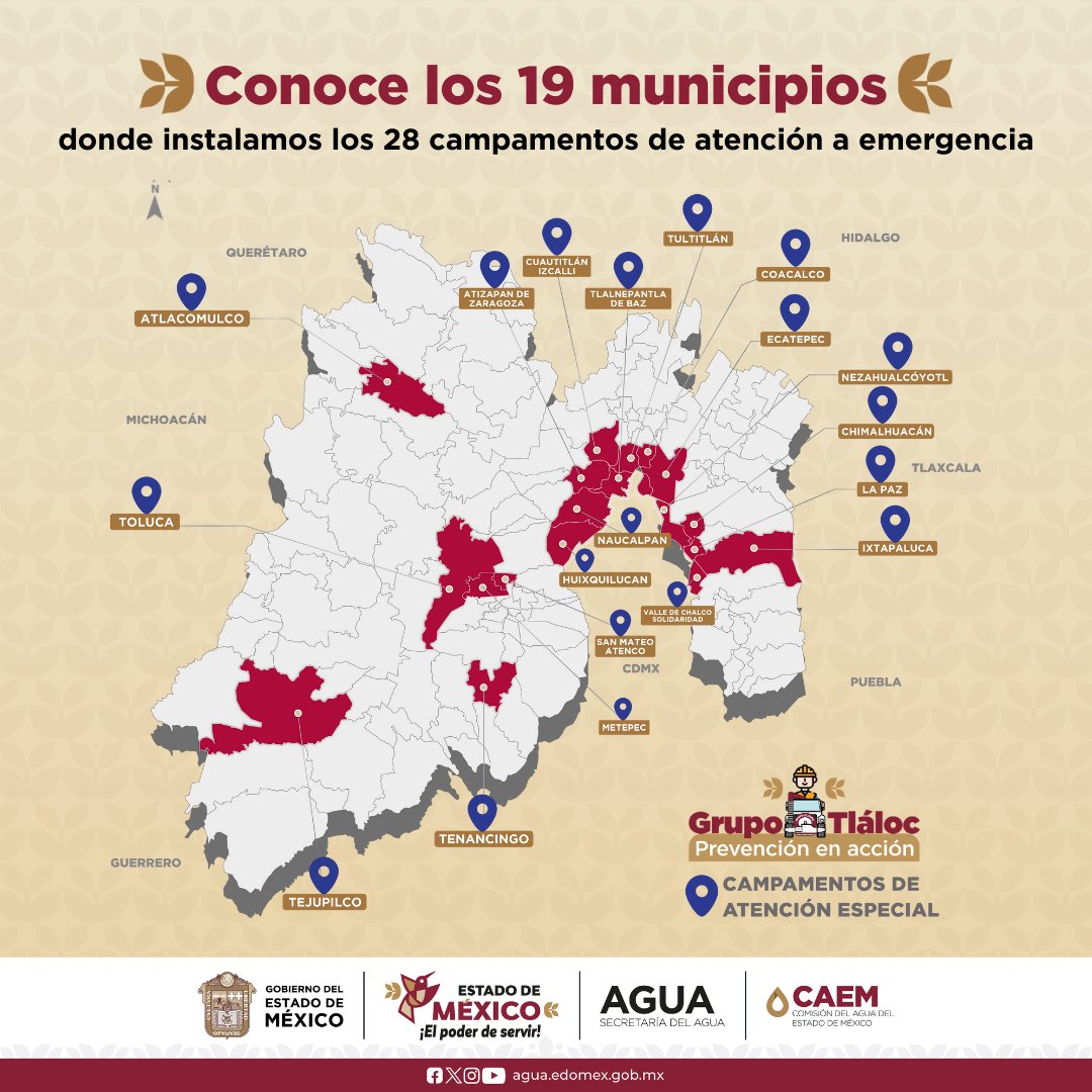 CAEM_EDOMEX's tweet photo. ⛈️🔴 Para atender emergencias pluviales, #GrupoTláloc realiza un monitoreo permanente en 19 municipios del Estado de México que presentan un mayor riesgo de inundaciones y encharcamientos.

📞 Reporta:
📍 Valle de México: 800 201 24 89
📍 Valle de Toluca: 800 201 24 90 https://t.co/Z18ZaJA4zd