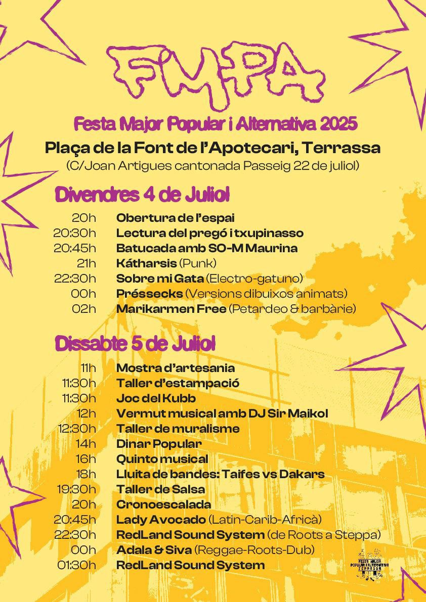 La FM de Terrassa ve carregada de concerts, focs artificials... i zero mesures per garantir l'habitage digne. 

Però us esperem a la ✨Festa Major Popular i Alternativa de Terrassa✨. Popular, desobedient, insubmisa... i sense patrocini del BBVA.

Estigueu atentes al pregó😏⤵️