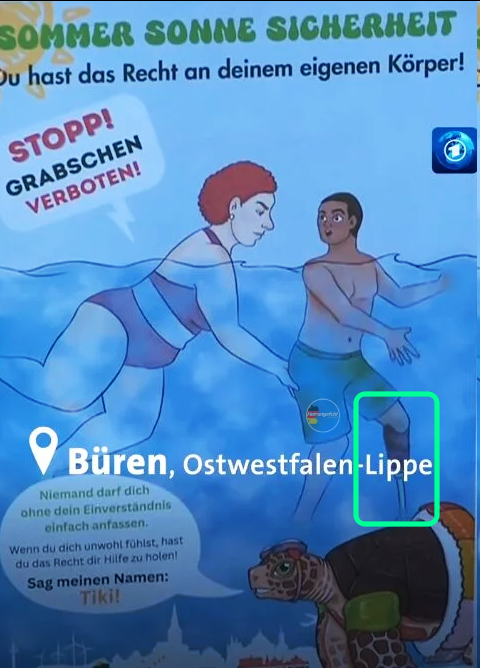 HeimatliebeDE's tweet photo. Diese Dame (Lara Grewe) mit den grünen Haaren steckt wohl hinter dieser (Tiki) Kampagne, welche eine dicke Deutsche zeigt, die einen Migranten mit Holzbein im Wasser befummelt.

Mehr muss man auch wieder nicht wissen. https://t.co/C5VdS4KVAw
