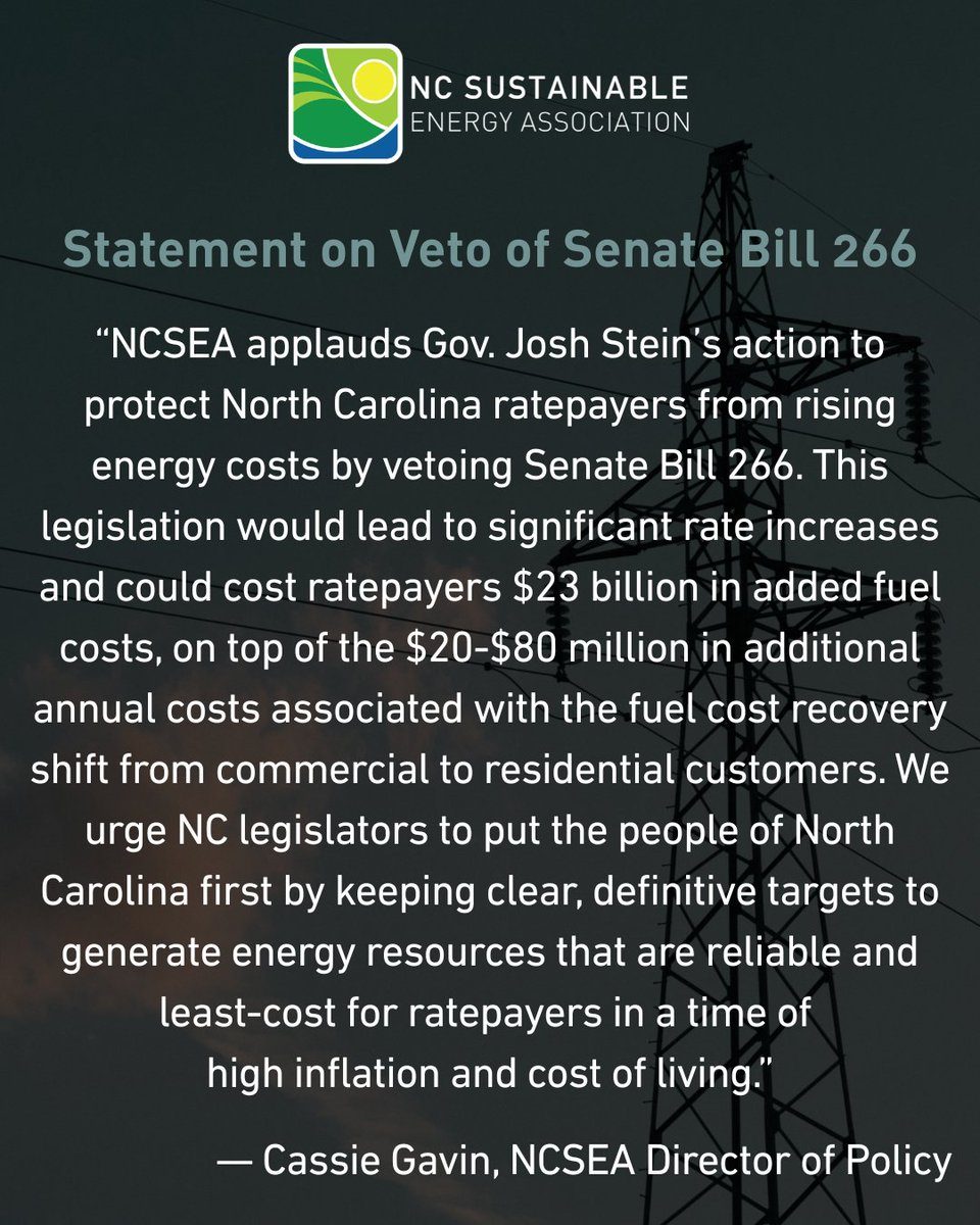 This afternoon, Gov. Josh Stein vetoed Senate Bill 266. An independent analysis showed the bill could increase electrical bills in North Carolina by billions of dollars over the next several decades. bit.ly/3ZVETE0