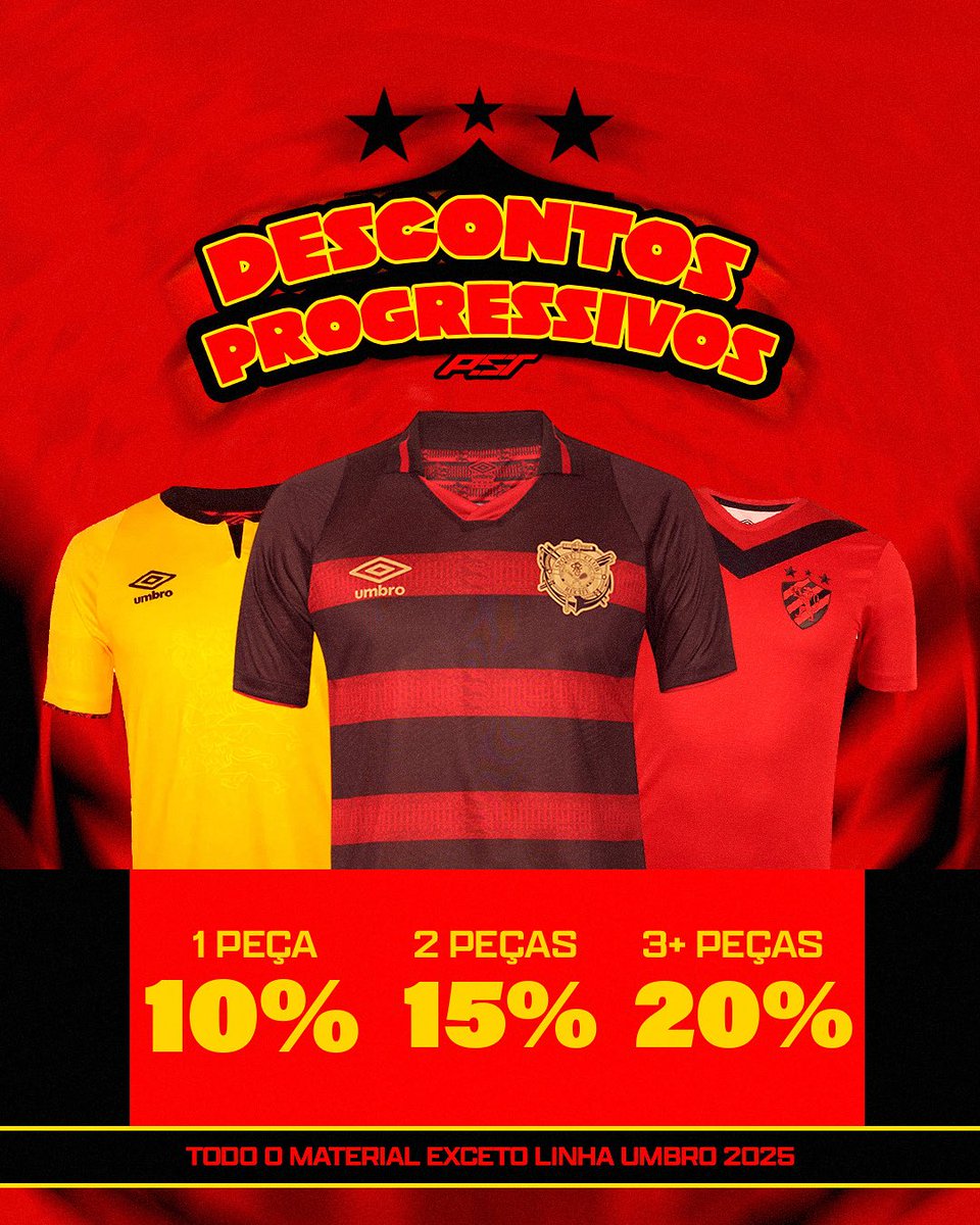 🚨🦁 PROMOÇÃO NA LOJA TODA!

Descontos progressivos pra você renovar o manto rubro-negro!

🔺 1 peça: 10% OFF
🔺 2 peças: 15% OFF
🔺 3 ou mais: 20% OFF

É em toda a loja, exceto linha Umbro 2025! 

📍 Válida até 13/07 em todas as Lojas Físicas PST.