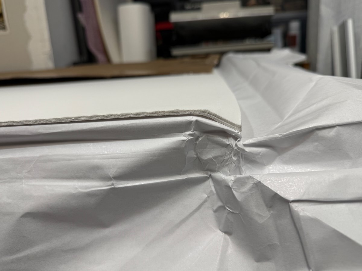 strembicki's tweet photo. I was skeptical that @Blick_Art could safely/securely package 4 ply museum board for shipment, and I was sadly correct. (but it was only 19 sheets of 32"x40") https://t.co/OyOgDK61vu
