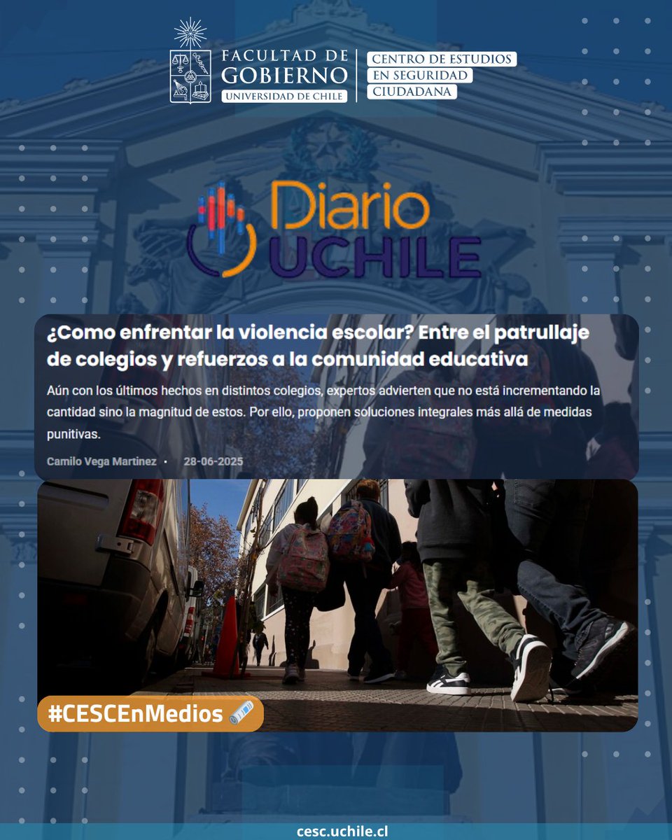 CESC_UChile's tweet image. 🏫 #CESCEnMedios | ¿Patrullajes contra la violencia escolar?

Nuestra investigadora Monserrat Díaz (CESC-UChile) analizó en @uchileradio la medida de Seguridad y Educación ante hechos de violencia en colegios.

🔗 radio.uchile.cl/2025/06/28/com…

#ViolenciaEscolar #ComunidadEscolar