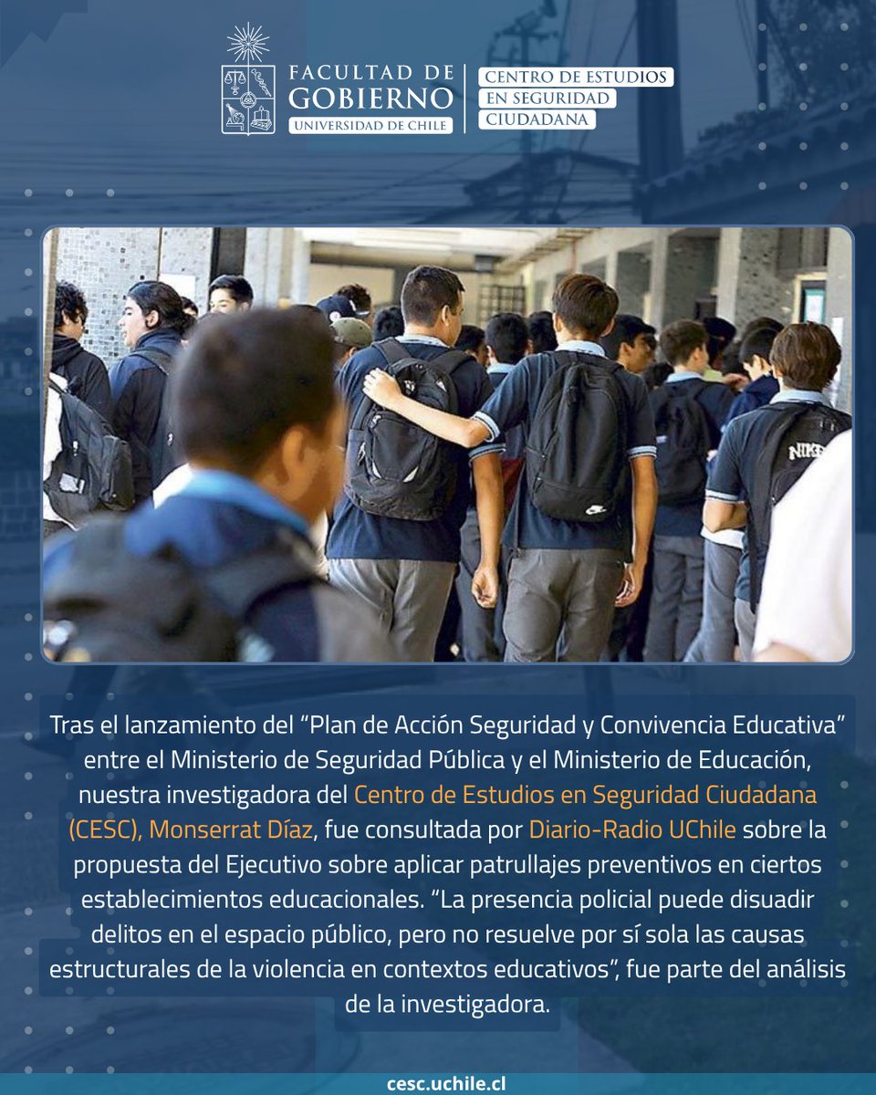 CESC_UChile's tweet image. 🏫 #CESCEnMedios | ¿Patrullajes contra la violencia escolar?

Nuestra investigadora Monserrat Díaz (CESC-UChile) analizó en @uchileradio la medida de Seguridad y Educación ante hechos de violencia en colegios.

🔗 radio.uchile.cl/2025/06/28/com…

#ViolenciaEscolar #ComunidadEscolar
