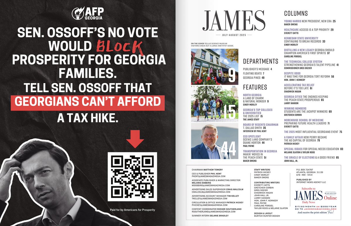 AFPGeorgia (@afpgeorgia) on Twitter photo Update for our <a href="/JAMESOnlineGA/">JAMES Magazine Online</a> readers:
Sen. <a href="/ossoff/">Jon Ossoff</a> voted to increase your taxes by $2500. Update for our <a href="/JAMESOnlineGA/">JAMES Magazine Online</a> readers:
Sen. <a href="/ossoff/">Jon Ossoff</a> voted to increase your taxes by $2500.
