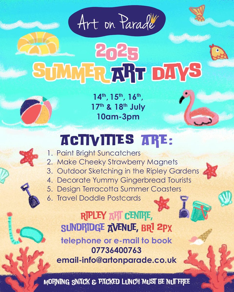 😎As the Independent schools start their summer break from this Friday. Remember, we offer creative Art Days at the Ripley Art Centre, for children from school Reception age and above. 
Places available, just choose the day or days of your choice, then contact Nicky to book 🌞