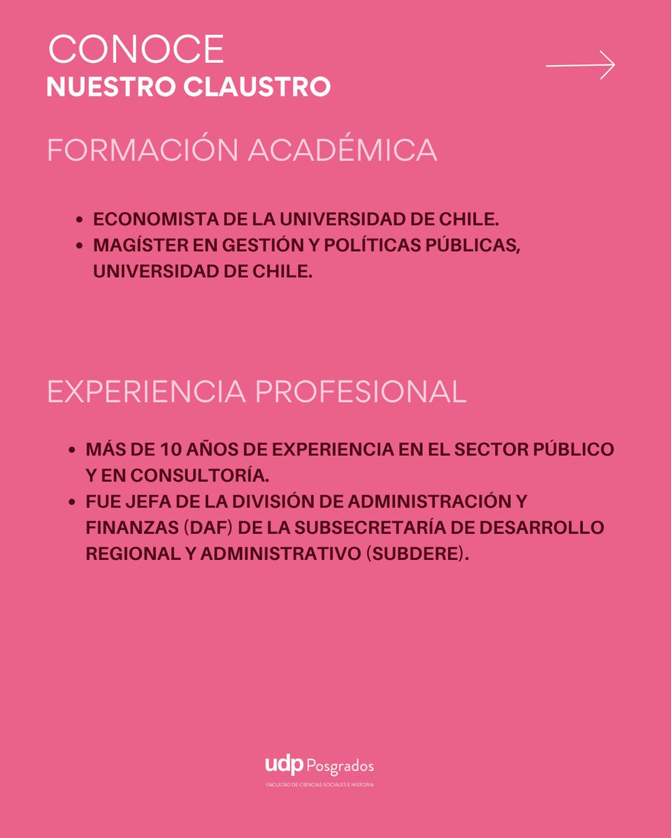 Posgr_fcsh_UDP's tweet image. 👩🏫 Conoce a Francisca del Fierro, profesora del Diplomado en Políticas Públicas para el Desarrollo Territorial UDP. Imparte el curso sobre presupuestos públicos y su gestión en contextos de descentralización.
📅 Postula al 31 de agosto. t.ly/Ecbyk