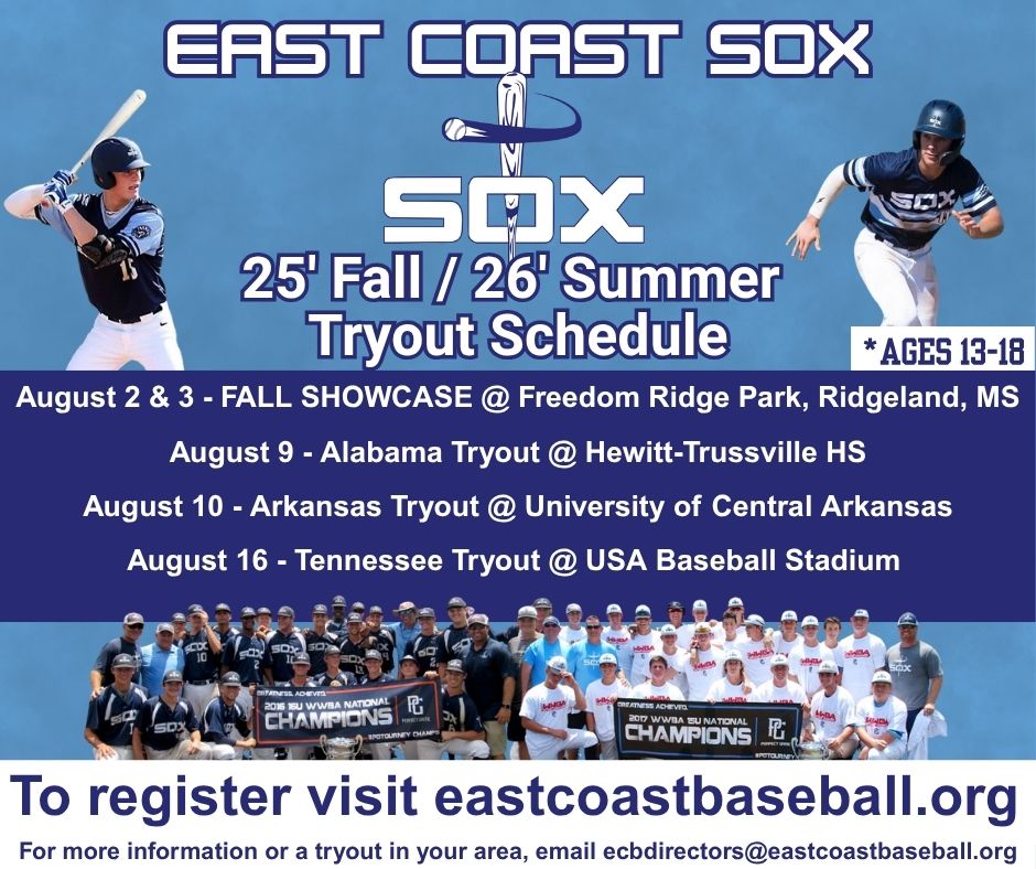 TRYOUT REGISTRATION IS FILLING UP FAST! 
2025 Fall / 2026 Summer Seasons

Missed out this summer? Don’t worry, your next big opportunity is here!

Spots fill quickly!  Register NOW and be part of something greater than baseball!.