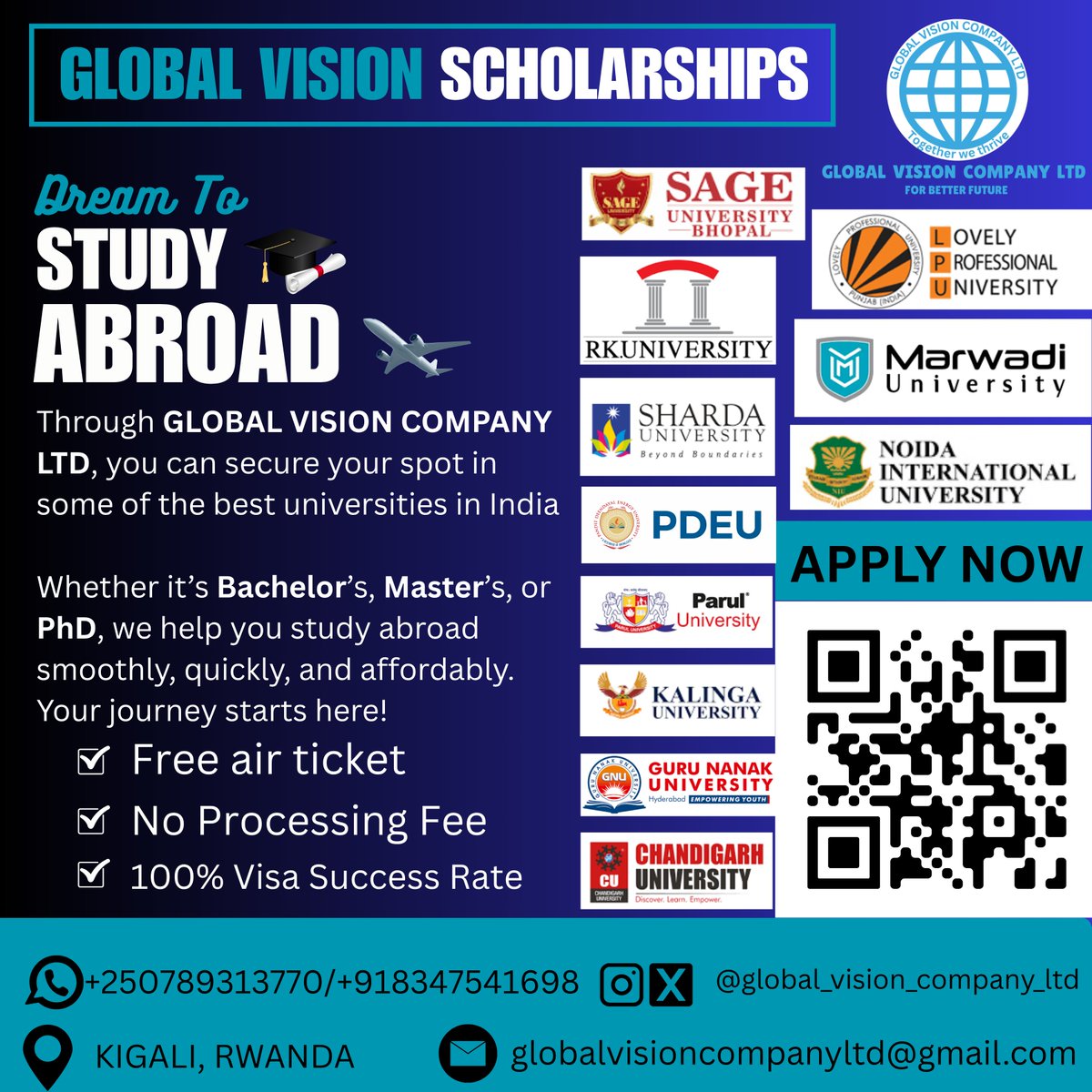 🇮🇳 Dreaming of studying in India? GLOBAL VISION SCHOLARSHIPS can make it happen!
from Bachelor’s to PhD.
✅ Up to 100% scholarships
✅ Admission letter in 48 hours
✅ No service fees
📲 Apply now: forms.gle/mbwVsVc5QYsnT4…
💬 Join our WhatsApp group: chat.whatsapp.com/IdWrQtj2GKLK1g…