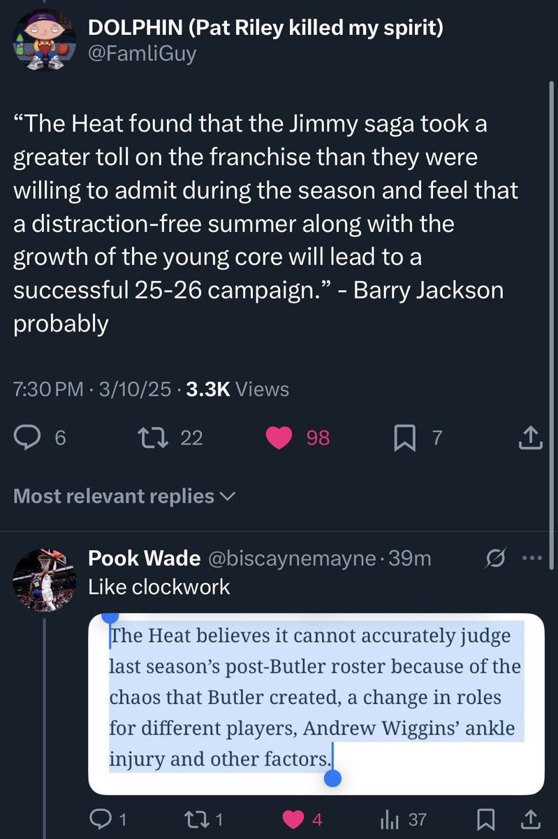 Almost 4 months ago and nailed it on the head.

Most teams fans predict trades. Heat fans are stuck with predicting future excuses lol <a href="/FamliGuy/">DOLPHIN (Pat Riley killed my spirit)</a> <a href="/biscaynemayne/">Pook Wade</a>