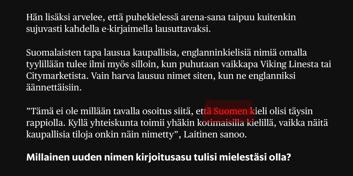 Penna Urrila (@peurrila) on Twitter photo Sattuipa kesälomalla silmiin juttu englannin vaikutuksesta ja kielen rappiosta <a href="/hsfi/">Helsingin Sanomat</a> sivuilla.
Sen verran kielipoliisi olen, että juuri tällaisen aiheen kanssa kannattaisi minusta miettiä oikeinkirjoitussääntöjä vähän tarkemmin… Sattuipa kesälomalla silmiin juttu englannin vaikutuksesta ja kielen rappiosta <a href="/hsfi/">Helsingin Sanomat</a> sivuilla.
Sen verran kielipoliisi olen, että juuri tällaisen aiheen kanssa kannattaisi minusta miettiä oikeinkirjoitussääntöjä vähän tarkemmin…