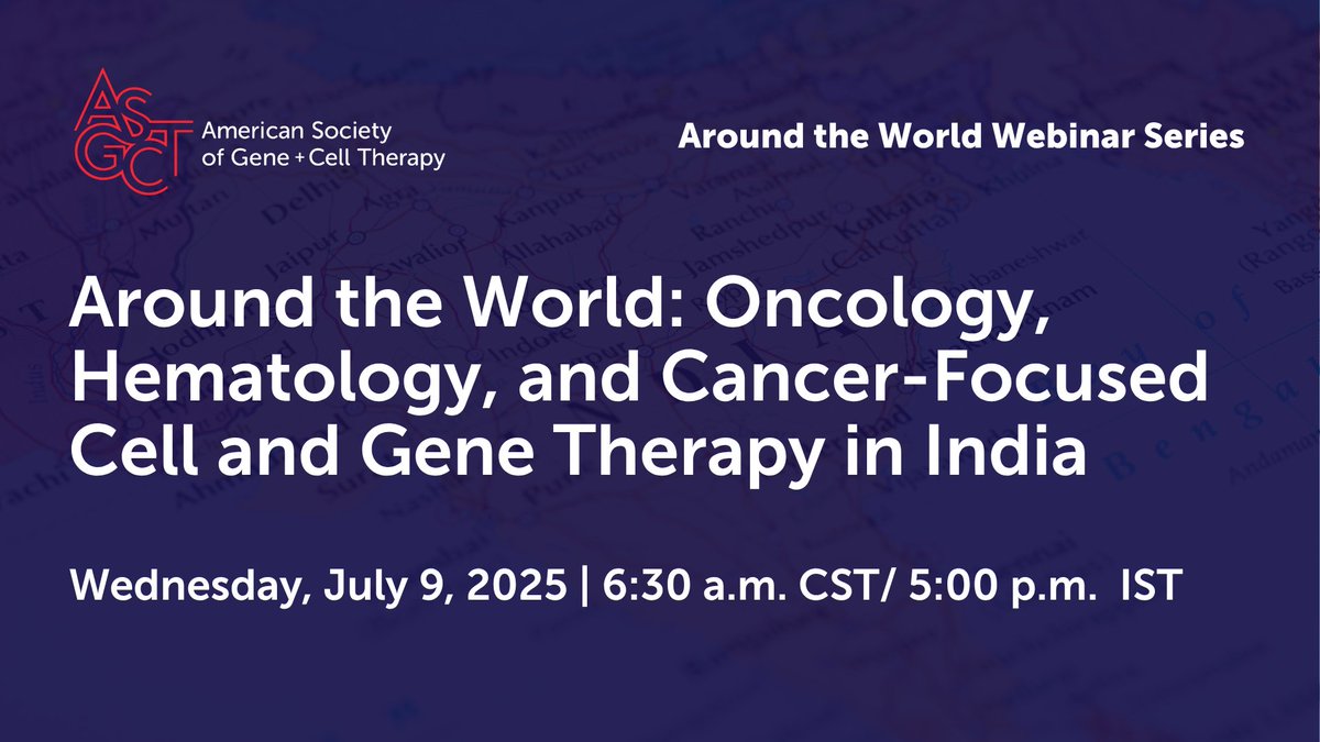 ASGCTherapy's tweet image. Discover how #India is revolutionizing #cancertreatment through innovative cell and gene therapy approaches at this free, live event. Join us July 9 for Around the World: #Oncology, #Hematology, and Cancer-Focused Cell and Gene Therapy in India!
bit.ly/4kpJHZE
#asgct