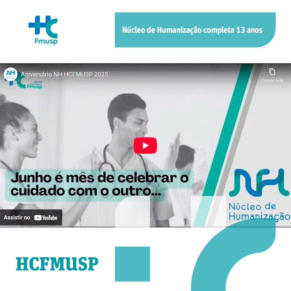 Vídeo comemorativo celebra a trajetória do Núcleo Técnico e Científico de Humanização no Complexo HC. Saiba mais: x.gd/KMZgz.