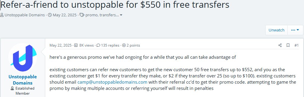 If anyone is interested in this $550 free domain transfer offer, DM me your email address and I’ll send you a referral!

<a href="/unstoppableweb/">Unstoppable Domains</a>
#Free #Domain #Domains #Offers #Couponcode #coupons