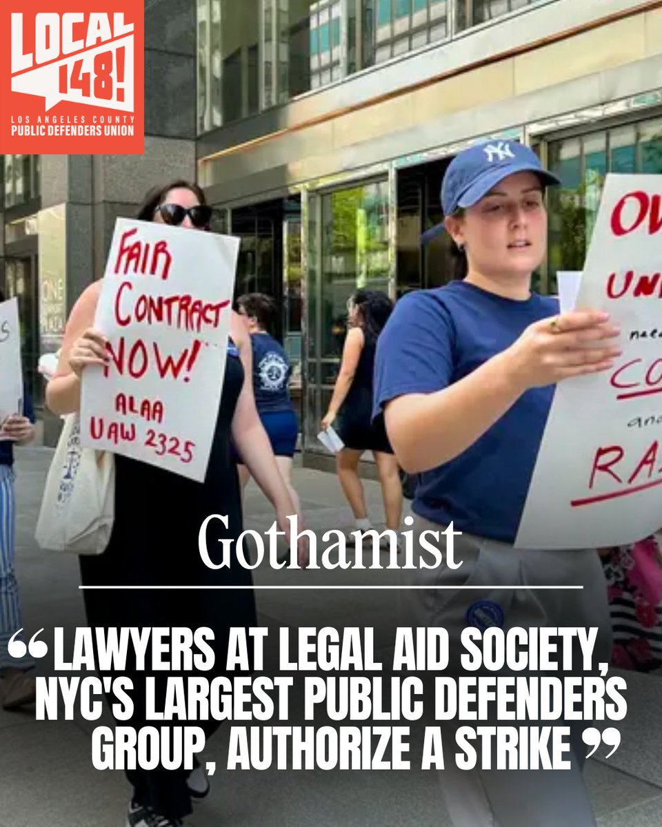 LApubdefunion's tweet image. Solidarity with @legalaidnyc in their strike to demand fair pay and reasonable caseloads! An inspiration to public defender unions everywhere (including this one!) When workload is less, clients get more!!
gothamist.com/news/lawyers-a…