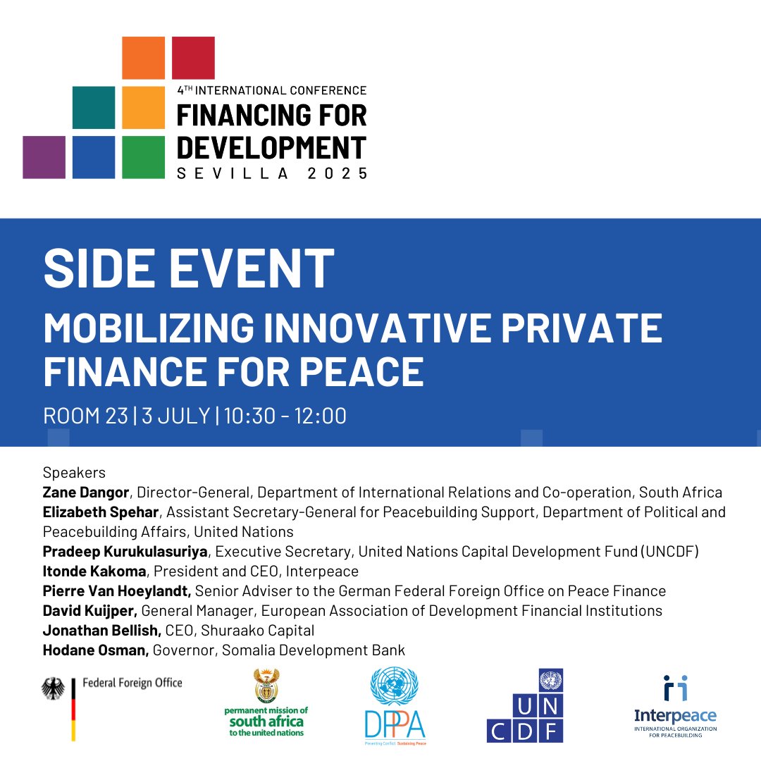 UNPeacebuilding's tweet image. Can private finance help build peace?
Happening tomorrow in Sevilla 🇪🇸:
Side event on Mobilizing Innovative Private Finance for Peace at the #FinancingForDevelopment 2025.
#FFD4Sevilla #FFD4