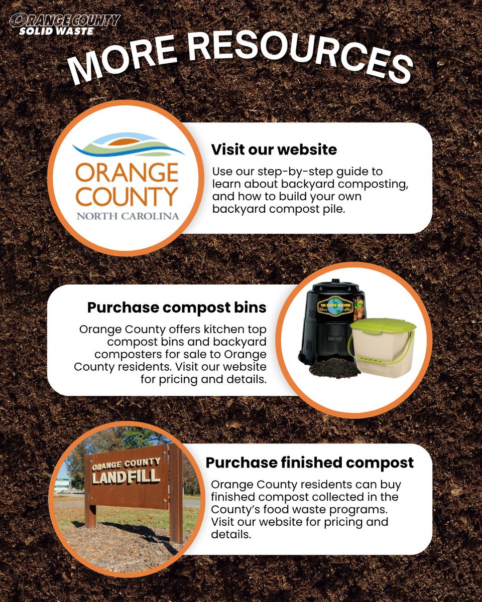 Orange County Solid Waste makes composting easy, at home or at a drop-off site!

🌱Get backyard composting tips on our website.
 📍 Drop off food scraps at three Waste and Recycling Centers and three farmers markets (Saturdays only).

Visit our website to learn more.