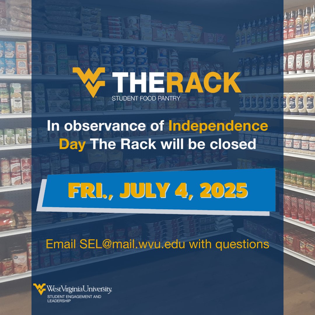 In observance of Independence Day, The Rack will be closed Friday, July 4, 2025. Email SEL@mail.wvu.edu for questions.