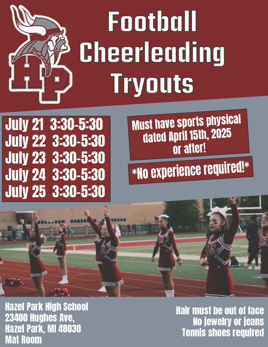If you're interested in joining our Football Cheerleaders, tryouts are right around the corner. You only need a sports physical on file dated April 15, 2025, or after. No experience necessary. #hazelparkschools #GoVikings