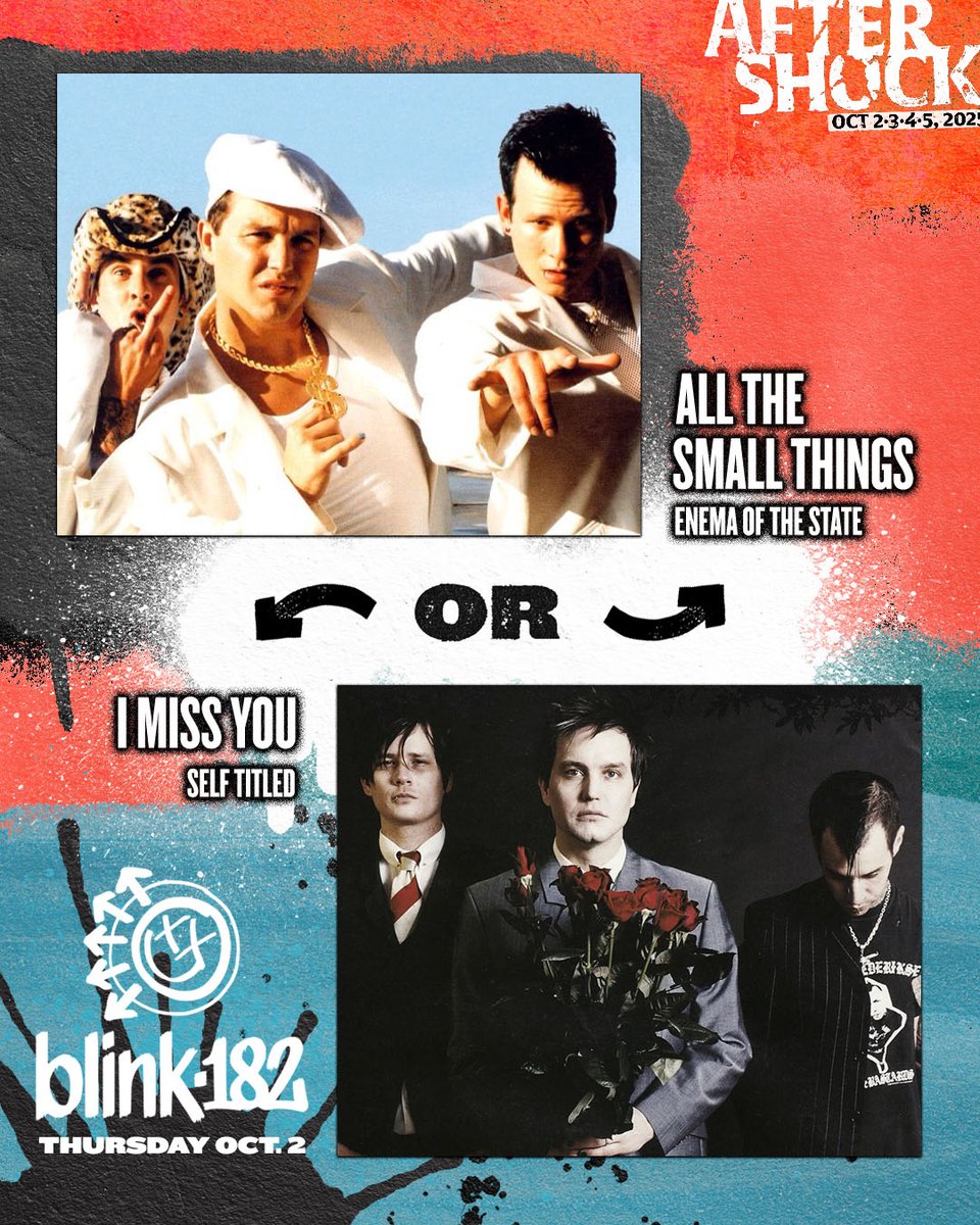 AFTERSHOCKSAC's tweet image. Harder than choosing your favorite child.
@blink182, @Deftones, @Korn &amp;amp; @BMTHofficial—two tracks enter, one leaves.
Swipe. Decide. Argue in the replies.
#Aftershock2025 #ThisOrThat