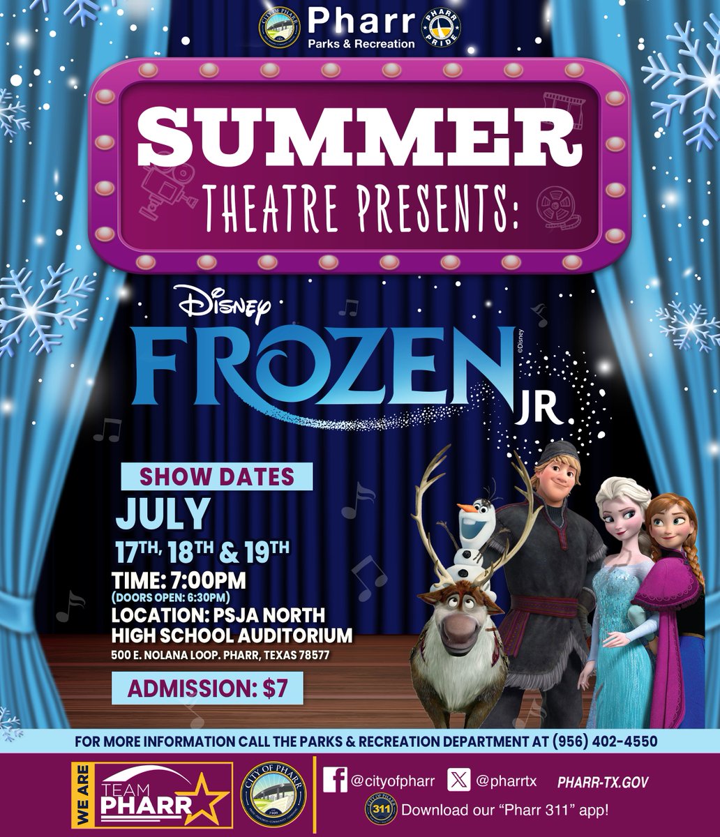 City of Pharr (@pharrtx) on Twitter photo ❄️🎭 Get ready to let it go and experience the magic of Frozen Jr. on stage! 🎶✨
Pharr Parks & Recreation proudly presents their Summer Theatre production of Disney’s Frozen Jr.—a magical journey filled with music, laughter, and heartwarming moments! 💙⛄️ ❄️🎭 Get ready to let it go and experience the magic of Frozen Jr. on stage! 🎶✨
Pharr Parks & Recreation proudly presents their Summer Theatre production of Disney’s Frozen Jr.—a magical journey filled with music, laughter, and heartwarming moments! 💙⛄️