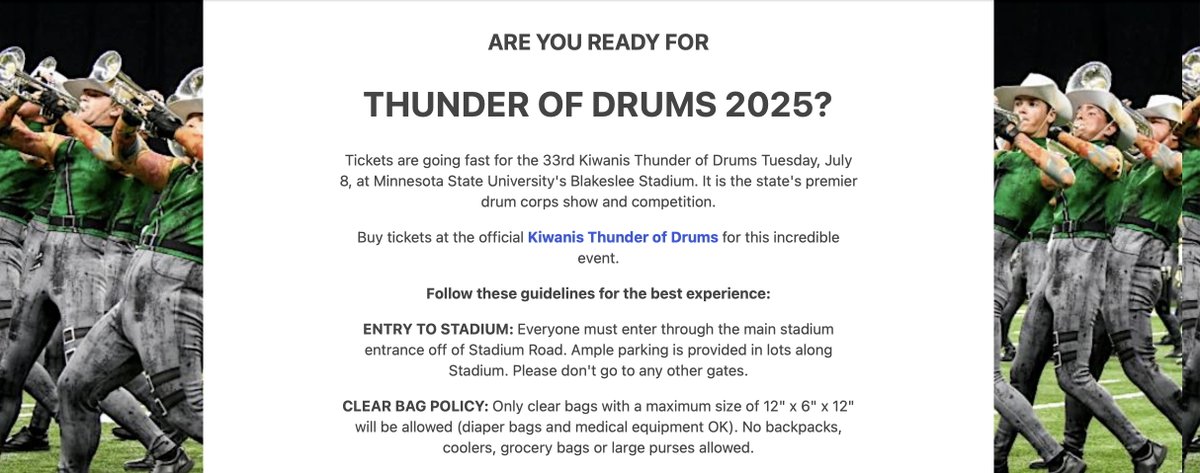 Thunder of Drums (@thunderofdrums) on Twitter photo Thunder of Drums is next week! Tuesday, July 8 at Blakeslee Stadium on the campus of Minnesota State University! Note the clear bag policy below. Tickets are still available at thunderofdrums.org #thunderofdrums #mankato <a href="/TheCavaliers/">The Cavaliers</a> <a href="/madisonscouts/">Madison Scouts</a> <a href="/dcicolts/">The Colts</a> <a href="/Crossmen/">Crossmen Drum and Bugle Corps</a> Thunder of Drums is next week! Tuesday, July 8 at Blakeslee Stadium on the campus of Minnesota State University! Note the clear bag policy below. Tickets are still available at thunderofdrums.org #thunderofdrums #mankato <a href="/TheCavaliers/">The Cavaliers</a> <a href="/madisonscouts/">Madison Scouts</a> <a href="/dcicolts/">The Colts</a> <a href="/Crossmen/">Crossmen Drum and Bugle Corps</a>
