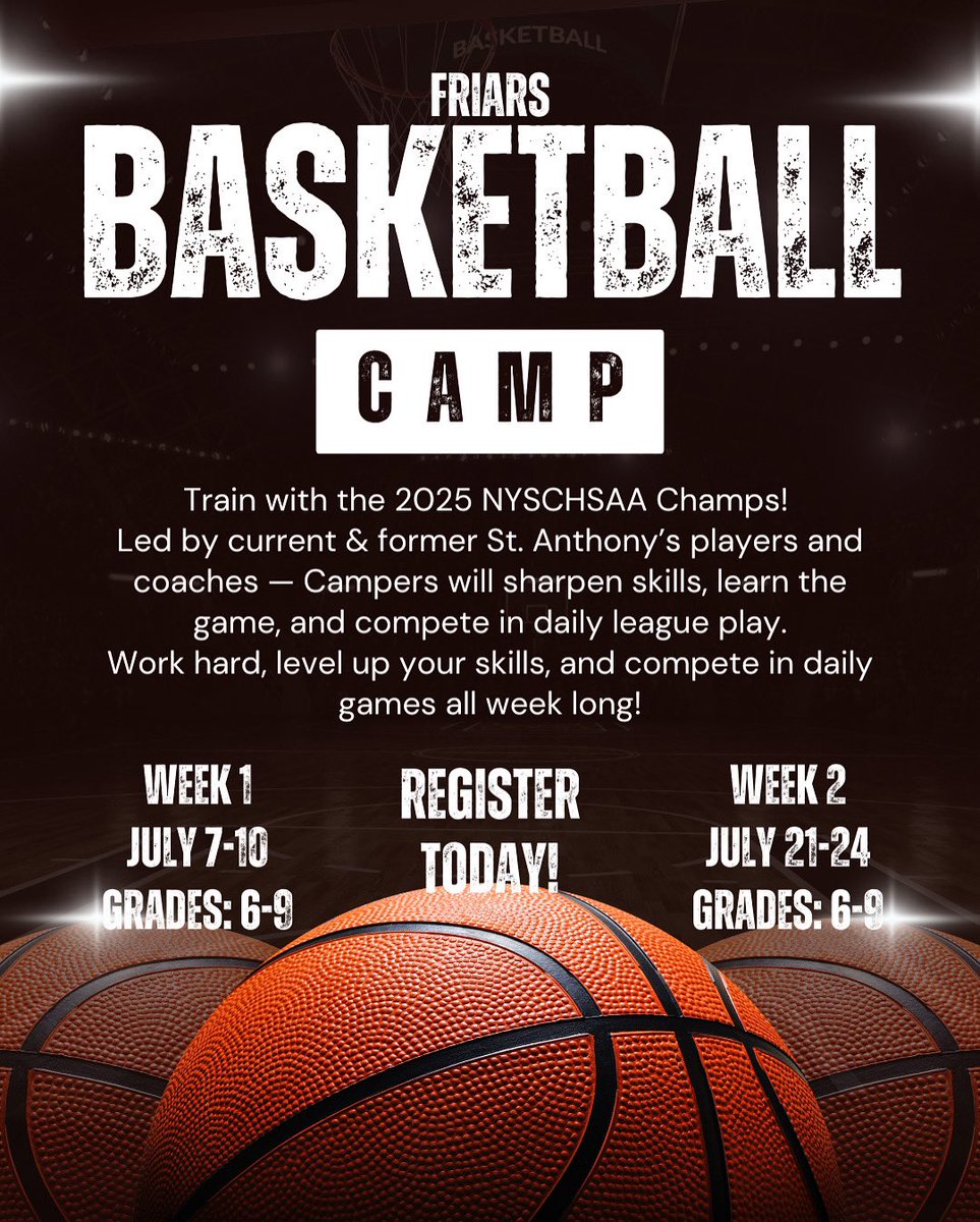 🏀 Still time to lock in your spot at Friars Basketball Camp!
Join us for elite skills training, team play, and fun competition led by Friars coaches and players 🔥
📅 Week 1: July 7–10
📅 Week 2: July 21–24
🎓 Grades 6–9
🔗 Register now via the link in our bio!
