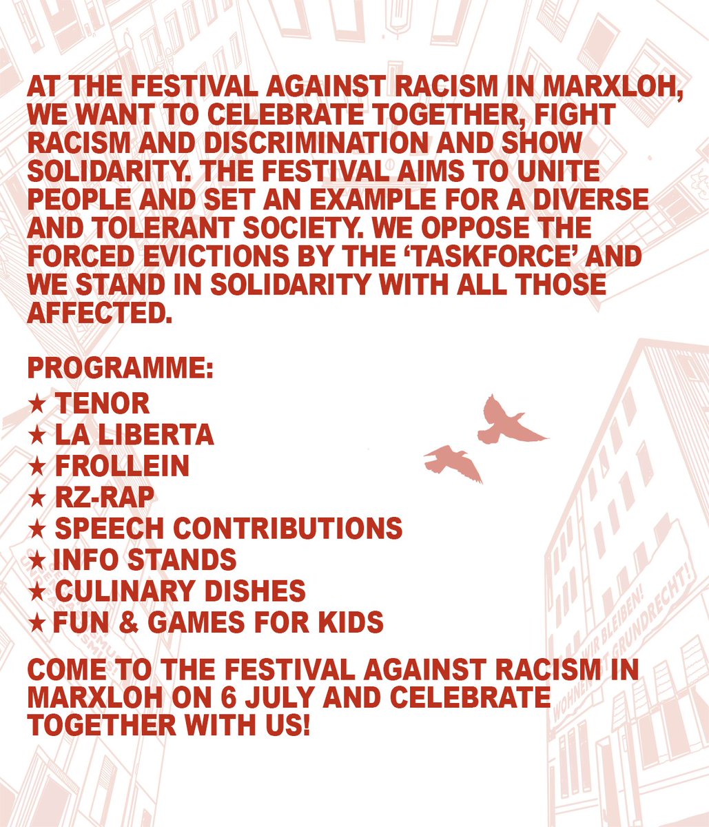 Das Programm des Marxloher Stadtteilfestes gegen Rassismus auf Deutsch, Arabisch, Bulgarisch, Englisch, Farsi, Kurdisch, Rumänisch, Russisch und Türkisch! Kommt am Sonntag zum Marxloher Stadtteilfest gegen Rassismus und feiert mit uns!

1/3