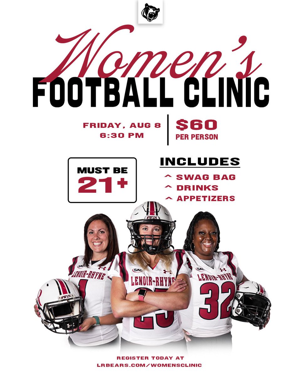 Lenoir-Rhyne Football (@lrbearsfootball) on Twitter photo LR Footballโs first ever ๐ฒโด๐โฏ๐โ๐ โฑโดโด๐๐ท๐ถ๐๐ ๐๐๐พ๐๐พ๐ธ is happening Aug 8th! This ladies night out is designed to be fun, entertaining, and ladies only! Grab your gals and get your tickets now! ๐
Learn more & get tickets at lrbears.com/womensclinic
#GOBEARS #W1N LR Footballโs first ever ๐ฒโด๐โฏ๐โ๐ โฑโดโด๐๐ท๐ถ๐๐ ๐๐๐พ๐๐พ๐ธ is happening Aug 8th! This ladies night out is designed to be fun, entertaining, and ladies only! Grab your gals and get your tickets now! ๐
Learn more & get tickets at lrbears.com/womensclinic
#GOBEARS #W1N