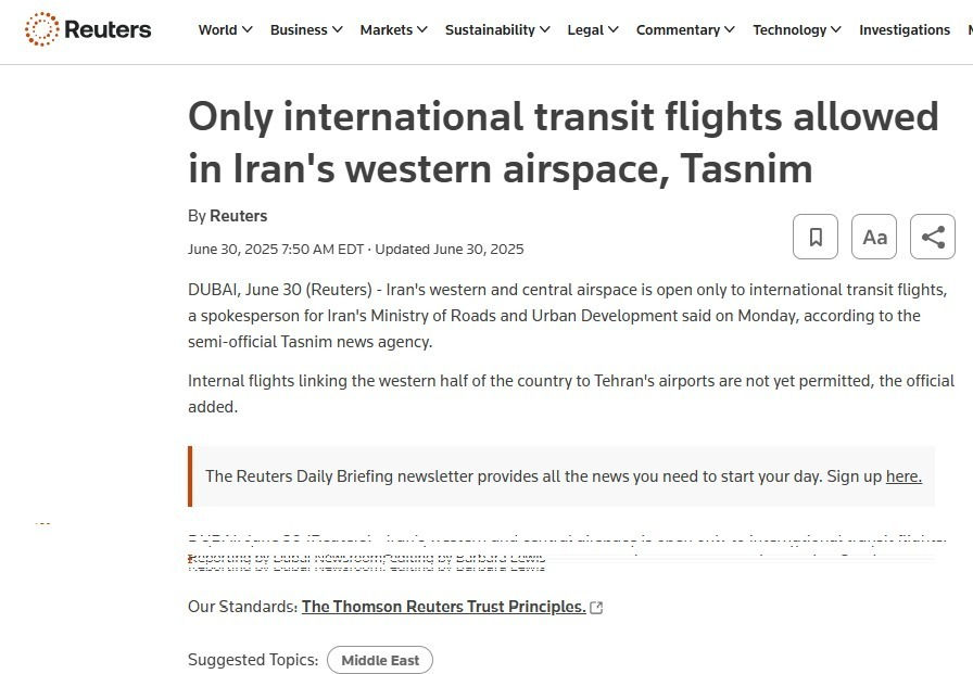 I think that story may be being misconstrued. That airspace was already closed I believe. "Internal flights linking the western half of the country to Tehran's airports are not yet permitted, the official added."  YET.
