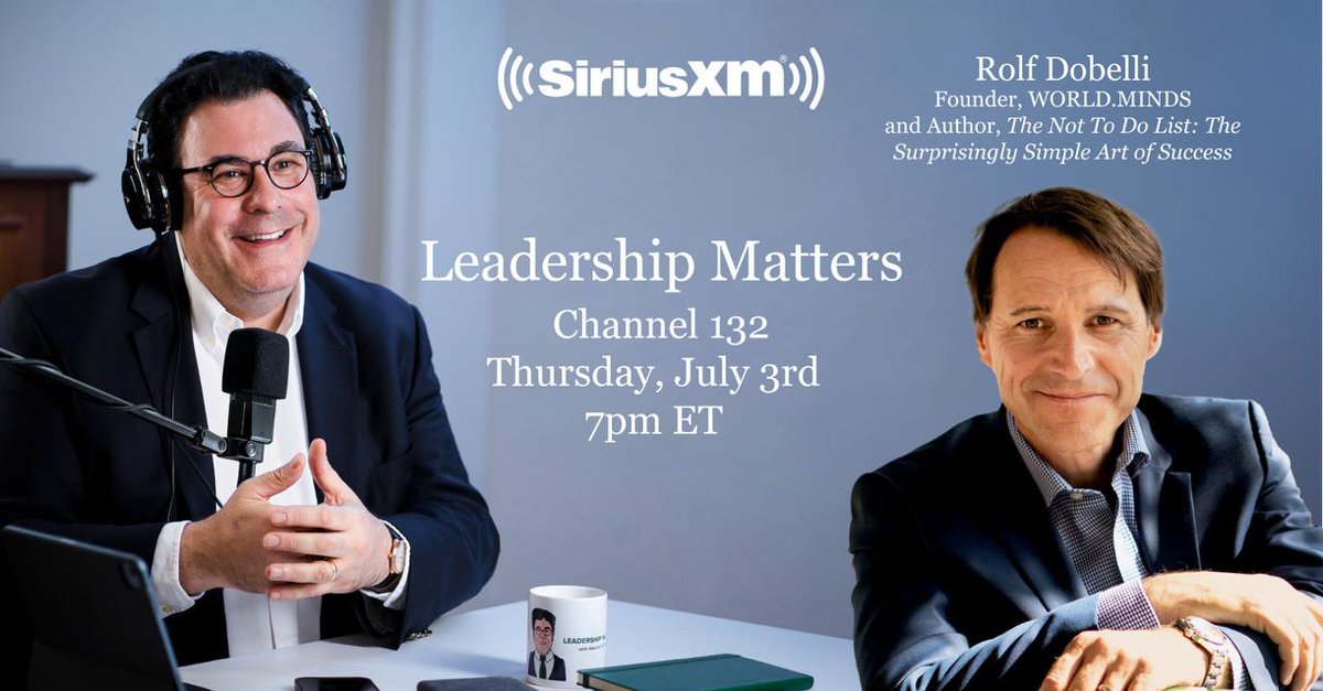 AHHFleischmann's tweet image. This week on #LeadershipMattersSXM on @SIRIUSXM, I was joined again by Rolf Dobelli to discuss his leadership philosophy & upcoming book, The Not To-Do List. This episode premieres Thursday (7/3) at 7:00 p.m. ET on @SIRIUSXM Business Radio (Channel 132).
leadershipmattersshow.com/episodes/rolf-…