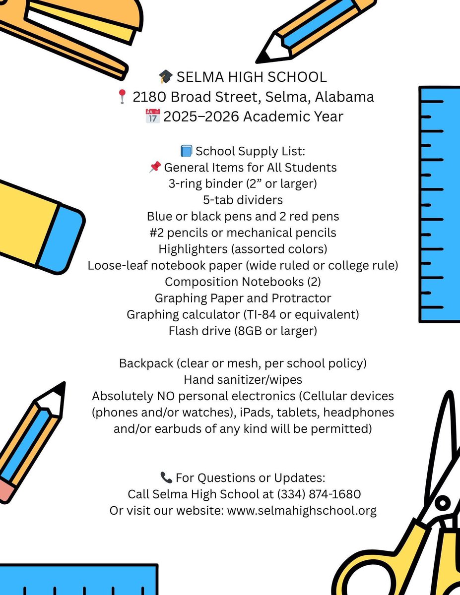 Good afternoon, Selma High School parents!

We are pleased to share the updated school supply and uniform lists for the 2025-2026 school year.