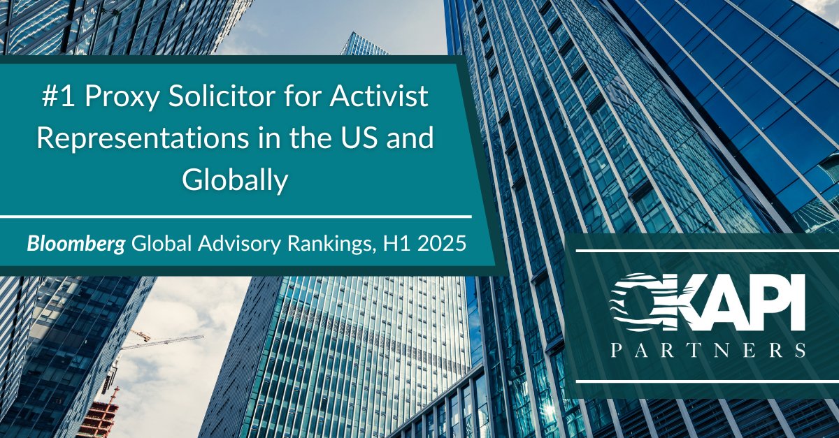 For H1 2025, Bloomberg again ranked Okapi the #1 Activist Proxy Solicitor globally and in the US, advancing campaigns against companies worth $353b in total.

Congratulations to our team for delivering best-in-class results!